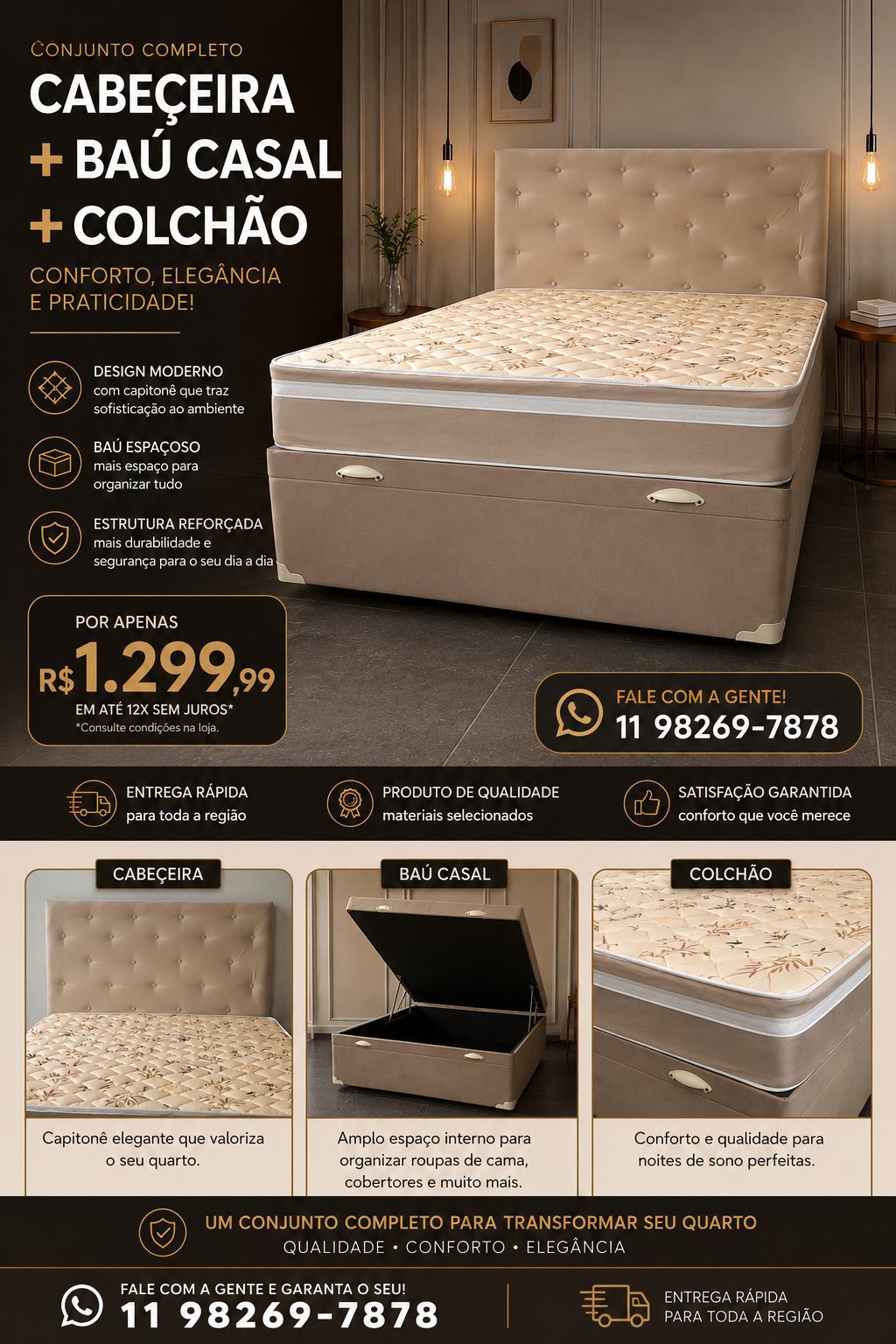 Conjunto Completo Cabeçeira Baú Colchão